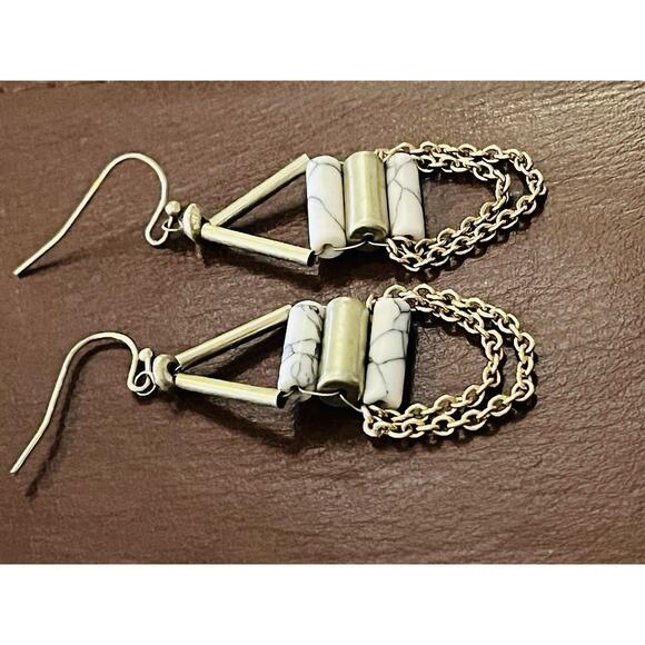 White Howlite Earrings Jewelry Triangle Chains Dangle Brass Color 3 Bars Art Dec - Picture 5 of 9